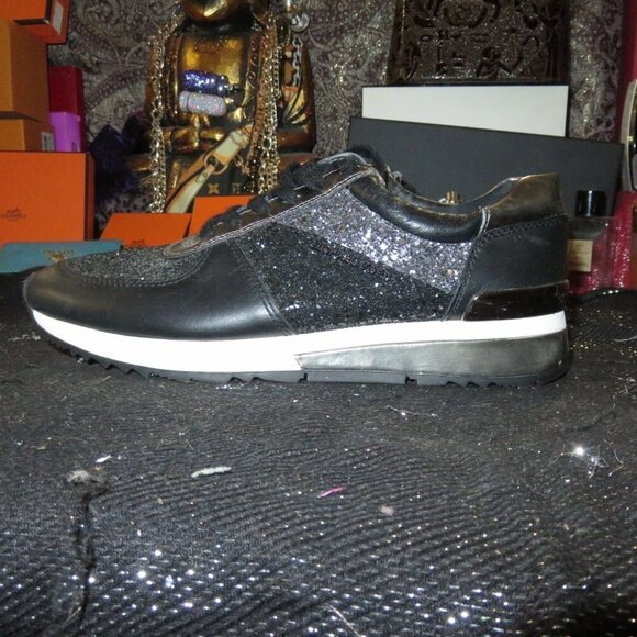 Michael Kors Allie Black Leather Glitter Sneakers Trainers size 8 - Picture 1 of 11